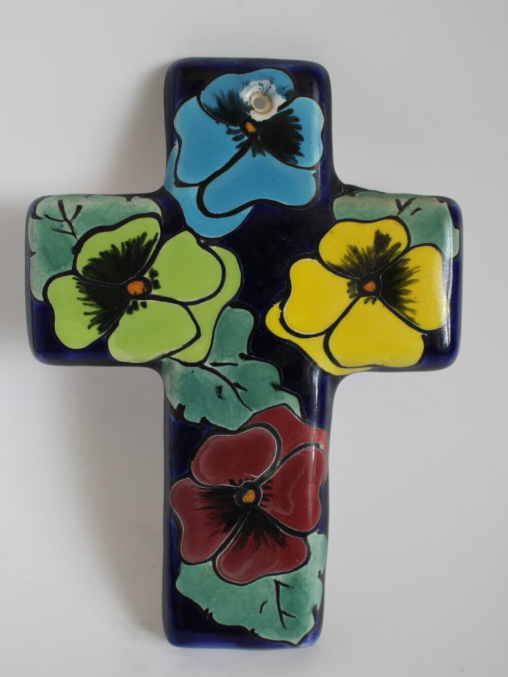 Pretty Vintage Pottery Crucifix Wall hanging painted flowers Artisan Pottery